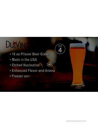 USA Made Nucleated Pilsner Glasses- Etched Beer Glass for Better Head Retention Aroma and Flavor 16 oz Craft Beer Glasses for Beer Drinking Bliss 4 Pack