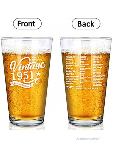 Vintage 1951 Old Time Information 70th Birthday Gifts for Men Women Beer Glass – Funny 70 Year Old Presents 16 oz Pint Glasses Party Decorations Supplies-70 Year Old Birthday Party Decorations