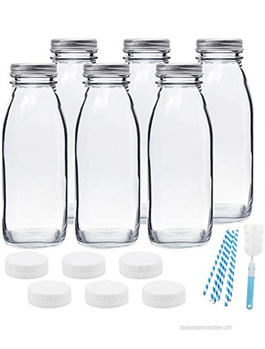 16oz Glass Milk Bottles with Reusable Metal Twist Lids and Straws for Beverage Glassware and Drinkware Parties Weddings BBQ Picnics 6 Pack
