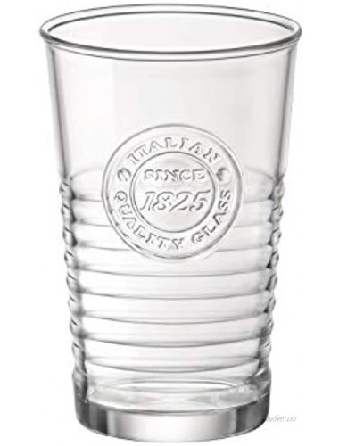Bormioli Rocco Officina Water Glasses – Set Of 4 Clear Drinking Tumblers With Textured Ring Design & Vintage Stamp Logo – 11oz High Capacity Tall Cups For Soda Juice Milk Coke Beer Spirits