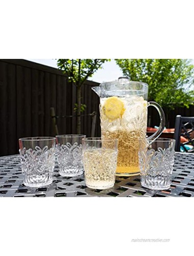Break Resistant Fresh Splash Clear Plastic Pitcher with Lid and 4 Tumbler Glasses Drinkware Set Perfect for Iced Tea Sangria Lemonade 2.5 Quart Pitcher 12 fl oz. Glasses