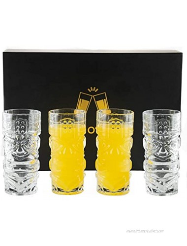 Clear Tiki Glasses Set of 4 450 ML Perfect for Exotic Cocktails Lemonade Ice Tea Mixed Drinks- Exotic Zombie Rum Mai Tai Pina Colada Punch Hurricane Bar Drinkware | SC2020