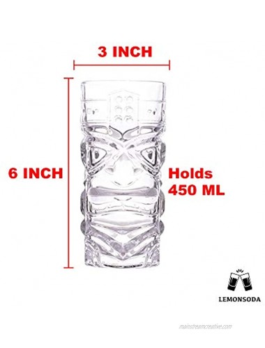 Clear Tiki Glasses Set of 4 450 ML Perfect for Exotic Cocktails Lemonade Ice Tea Mixed Drinks- Exotic Zombie Rum Mai Tai Pina Colada Punch Hurricane Bar Drinkware | SC2020