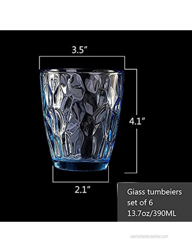 CREATIVELAND Glass Tumbler Light Blue Set of 6 for Water,Cocktail,Juice,Beer Iced Coffee,Clear Blue Glassware for Bar Kitchen,Thick & Heavy Glass Drinking Glasses with Heavy Base 13.7oz 390ML