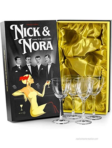 Crystal 5 oz Retro Nick and Nora Coupe Glasses | Set of 4 | Vintage Bar Glassware for Martini Manhattan Cosmopolitan Classic 4 oz Cocktail Drinks | Small Drinking Coups with Long Stems
