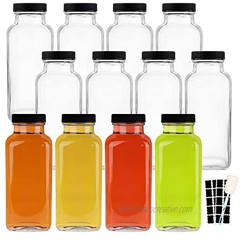 HINGWAH 12 OZ Glass Drink Bottles Set of 12 Vintage Glass Water Bottles with Lids Great for storing Juices Milk Beverages Kombucha and More  Labels and Sponge Brush Included