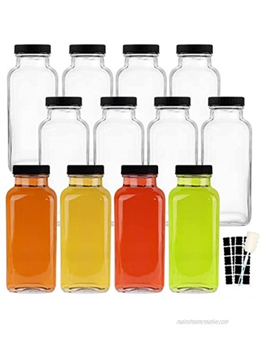 HINGWAH 12 OZ Glass Drink Bottles Set of 12 Vintage Glass Water Bottles with Lids Great for storing Juices Milk Beverages Kombucha and More Labels and Sponge Brush Included