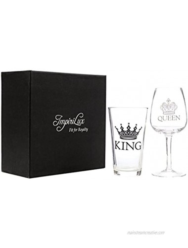 King Beer & Queen Wine Glass Set | Beautiful Gift for Newlyweds Engagements Anniversaries Weddings Parents Couples Christmas Novelty Drinking Glassware King Beer & Queen Wine Glass Set