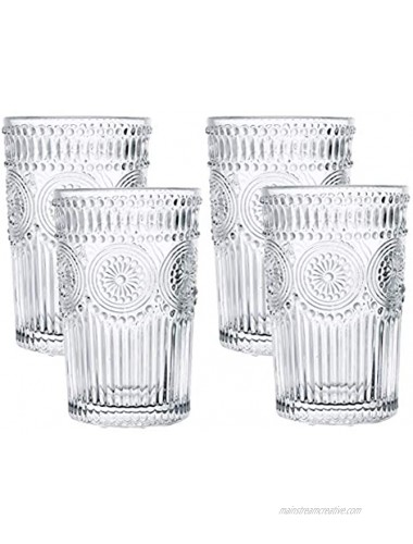 Kingrol 4 Pack 12.5 Ounces Romantic Water Glasses Premium Drinking Glasses Tumblers Vintage Glassware Set for Juice Beverages Beer Cocktail