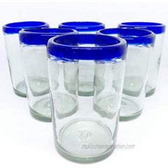 Mexican Blown Glass Drinking Glasses Cobalt Blue Rim Set of 6
