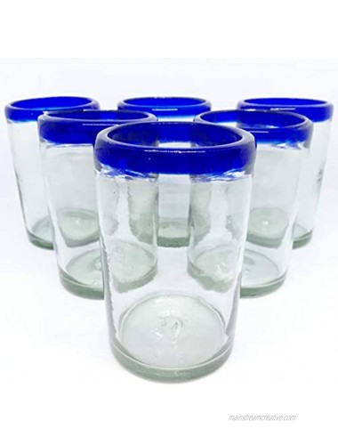Mexican Blown Glass Drinking Glasses Cobalt Blue Rim Set of 6