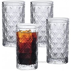 MISIMPO 13 Oz Drinking Glasses Set of 4 Crystal Emboss Glass Design Vintage Drinking Glasses Romantic Water Glasses Set for Juice Beverages Cocktail Whiskey13.5oz