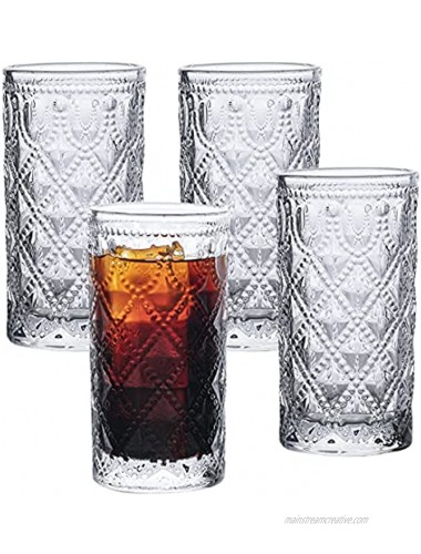 MISIMPO 13 Oz Drinking Glasses Set of 4 Crystal Emboss Glass Design Vintage Drinking Glasses Romantic Water Glasses Set for Juice Beverages Cocktail Whiskey13.5oz