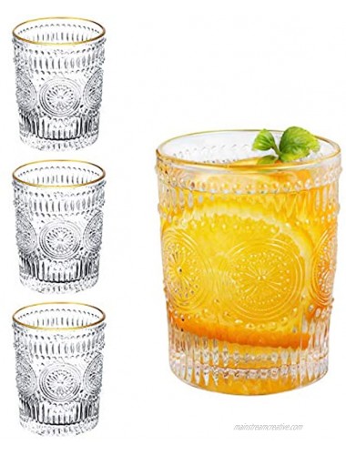 MISIMPO Drinking Glasses Set of 4 9.5oz Embossed Vintage Glasses Set Romantic Water Glassware for Juice Cocktail Whiskey Glasses9.5oz