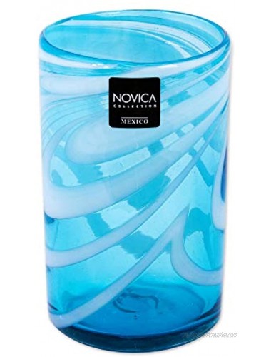 NOVICA Blue And White Swirl Hand Blown Glass Water Glasses 15 Oz 'Whirling Aquamarine' Set Of 6