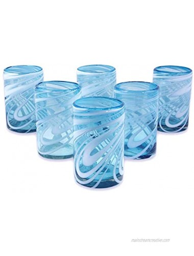 NOVICA Blue And White Swirl Hand Blown Glass Water Glasses 15 Oz 'Whirling Aquamarine' Set Of 6