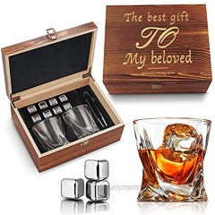 Whiskey Glass Set of 2 Whiskey Stones Gift Set for Men Engraved'The Best Gift to My Beloved' Bset Gifts for Husband Him Men from Wedding Anniversary Birthday Valentine's Day Xmas