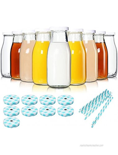 YEBODA 11oz Glass Milk Bottles with Reusable Metal Twist Lids and Straws for Beverage Glassware and Drinkware Parties Weddings BBQ Picnics Set of 9