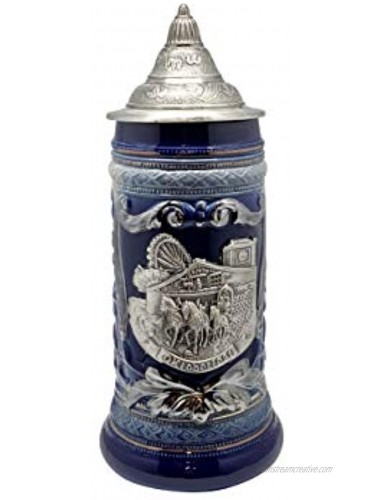 .6 Liter Cobalt Blue Oktoberfest Beer Mug with Engraved Metal Lid and Festival Metal Medallion of German Wagon & Draft Horses