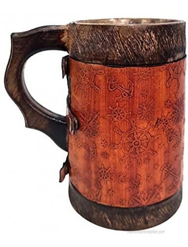 Ancient Wooden & Leather Wrapped Hand Carved Beer Tankard Bar Drinkware Anchor & Wheel Inlay Wood Mug