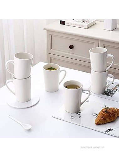 Chin-Chin JL Porcelain Mugs 12 Ounce Coffee Mug for Tea Latte Cocoa Cappuccino Coffee Milk Set of 6 with 6 SpoonsWhite