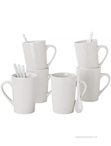 Chin-Chin JL Porcelain Mugs 12 Ounce Coffee Mug for Tea Latte Cocoa Cappuccino Coffee Milk Set of 6 with 6 SpoonsWhite