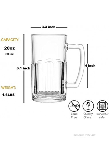 COKTIK 2 Pack Heavy Large Beer Glasses with Handle 20 Ounce Glass Steins Classic Beer Mug glasses Set