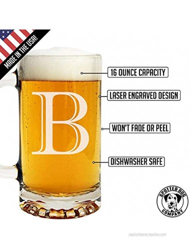 Etched Monogram 16oz Glass Beer Mug Letter B