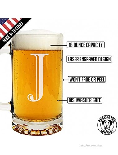 Etched Monogram 16oz Glass Beer Mug Letter J