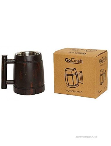 GoCraft Handmade Wooden Beer Mug with 18oz Stainless Steel Cup | Great Beer Gift Ideas Wooden Beer Tankard for Men | Vintage Bar accessories Barrel Brown Retro Design