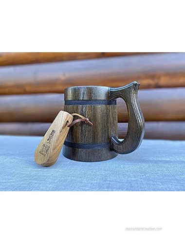 Handmade Wooden Beer Mug Made of Oak Wood + Wooden Oak Opener for Bottles Wooden Beer Tankard for Men Beer Tankard Stein Barrel Brown Retro Design 1