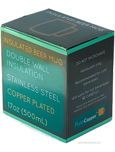 Insulated Beer Mug Ice Cold to the Last Drop! Perfect Gift for Beer Lovers Double Wall Stainless Steel Copper Plated 17oz 500mL
