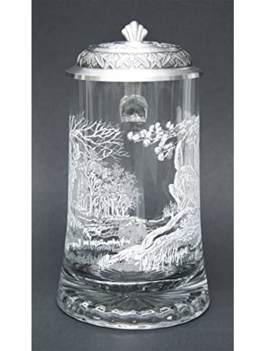 JAMES MEGER GLASS WHITE TAIL DEER STEIN Etched German Glass Beer Stein w Pewter Lid Made in Germany