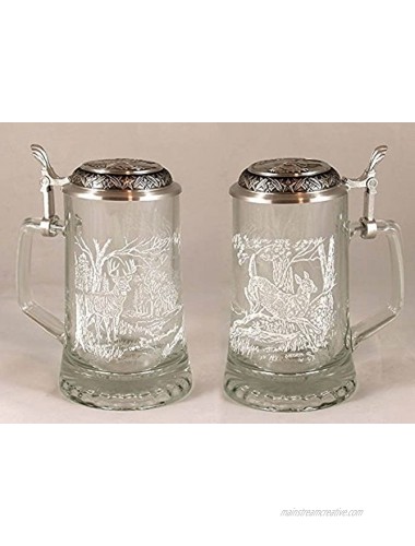 JAMES MEGER GLASS WHITE TAIL DEER STEIN Etched German Glass Beer Stein w Pewter Lid Made in Germany