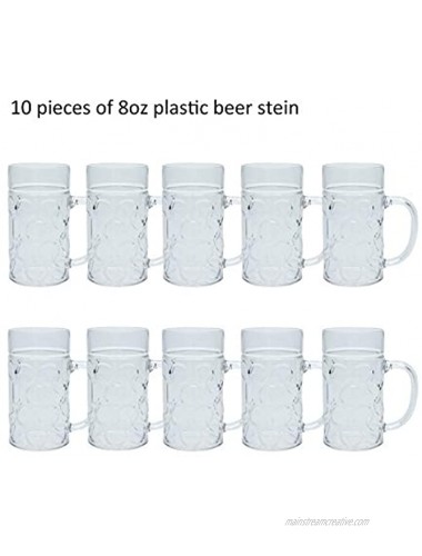 Mini Plastic Beer Mugs 8oz Dimpled Plastic Oktoberfest Beer Steins Clear Plastic Cups with Handles for Kids Dishwasher-Safe 10 Pcs