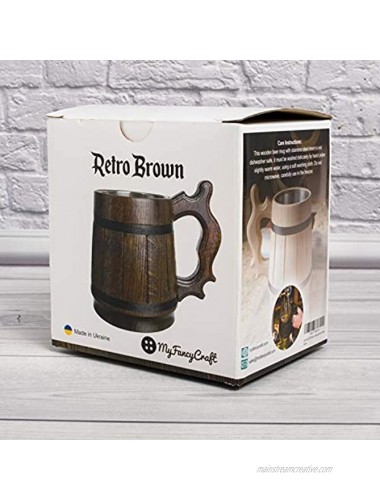 MyFancyCraft Wood Beer Mug with Box Stainless Steel Cup Men Souvenir Handmade Retro Brown