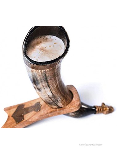 Norse Tradesman Genuine Ox-Horn Viking Drinking Horn with Solid Wood Stand Engraved with Thor's Hammer | Burlap Gift Sack Included | The Mjolnir Unpolished 12 Inches