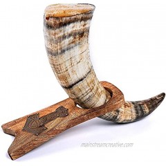 Norse Tradesman Genuine Ox-Horn Viking Drinking Horn with Solid Wood Stand Engraved with Thor's Hammer | Burlap Gift Sack Included | "The Mjolnir" Unpolished 12 Inches