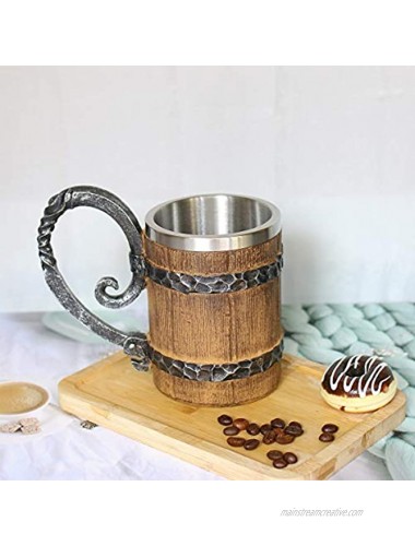 OTARTU Vintage Faux Oak Wood Beer Mug Medieval Retro Viking Stainless Steel Coffee Cup Stein Tankard,17oz 500ML Cup Mug,Unique Gift