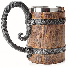 OTARTU Vintage Faux Oak Wood Beer Mug Medieval Retro Viking Stainless Steel Coffee Cup Stein Tankard,17oz 500ML Cup Mug,Unique Gift
