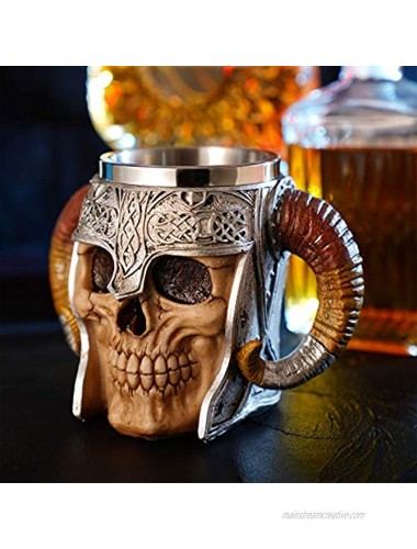 Stainless Steel Double Handle Horn Skull Beer Cup Viking Warrior Skull Mug Tankard Medieval Skull Drinkware Mug for Coffee Beverage Juice 17oz.