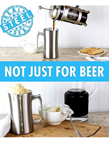 Stainless Steel Insulated Beer Mug: Real Deal Steel Vacuum Beer Stein with Welded Handle 20oz Total Capacity Large Metal Tankard for IPA Coffee Double Walled Mug