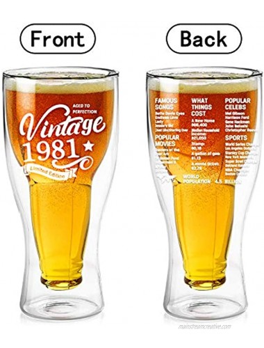 Vintage 1981-Double Wall Beer Glass 40th Birthday Gift Old Time Information Unique Beer Glasses Dad Beer Glass Cool Beer Glasses Insulated Beer Mug Double Beer Mug Fit up to 14 ounces