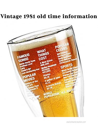 Vintage 1981-Double Wall Beer Glass 40th Birthday Gift Old Time Information Unique Beer Glasses Dad Beer Glass Cool Beer Glasses Insulated Beer Mug Double Beer Mug Fit up to 14 ounces