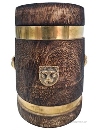 Vintage Style Medieval Inspired Wooden Beer Mug Stein Brass Barrel Design With Embossed Metal Lion Wood Tankard
