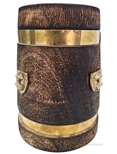 Vintage Style Medieval Inspired Wooden Beer Mug Stein Brass Barrel Design With Embossed Metal Lion Wood Tankard