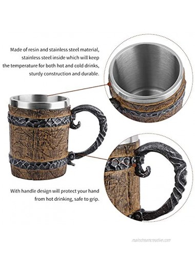 Wooden Barrel Beer Mug 450 ml Wood Stainless Steel Viking Cup with Handle Double Wall Cocktail Mug for Bar Restaurant Home Decor Unique Gift